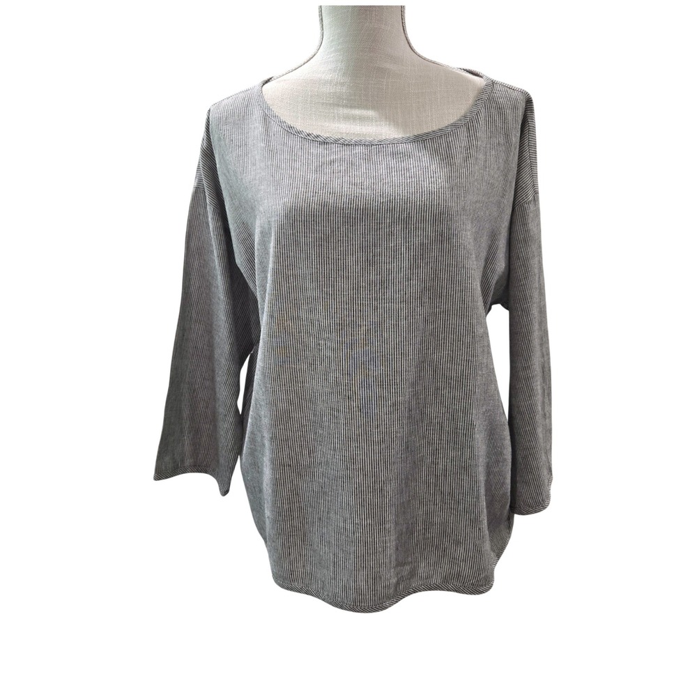 Eileen Fisher Size Medium Grey Striped Hemp Organic Cotton 3/4 Sleeve #1076